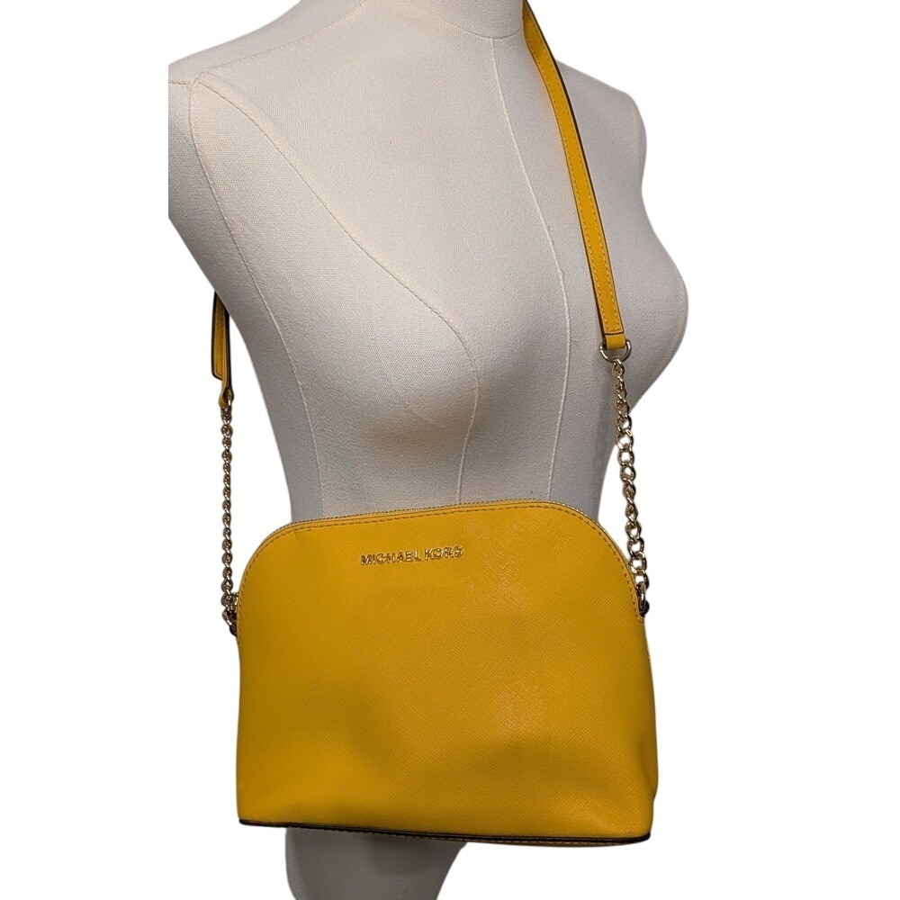 Michael Kors Yellow Leather Dome Crossbody‎ Gold Bag Chain Strap - Picture 2 of 11